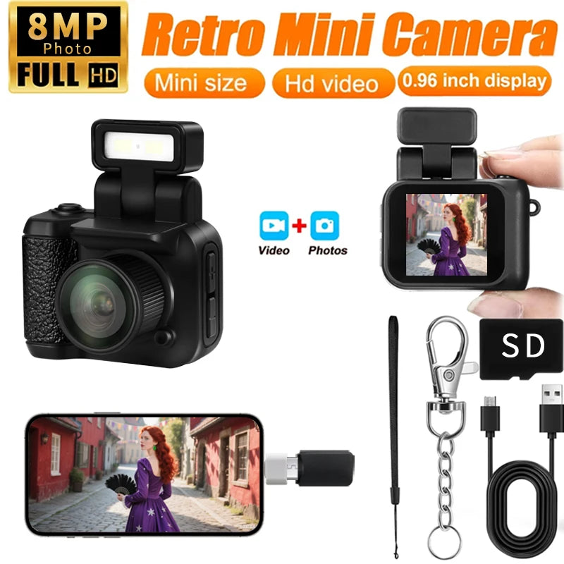 Y4000 Mini Keychain Camera with Screen HD 1080P Portable Retro Kids Cam Ultra Compact Pocket DV Video Recorder with Flash Lamp